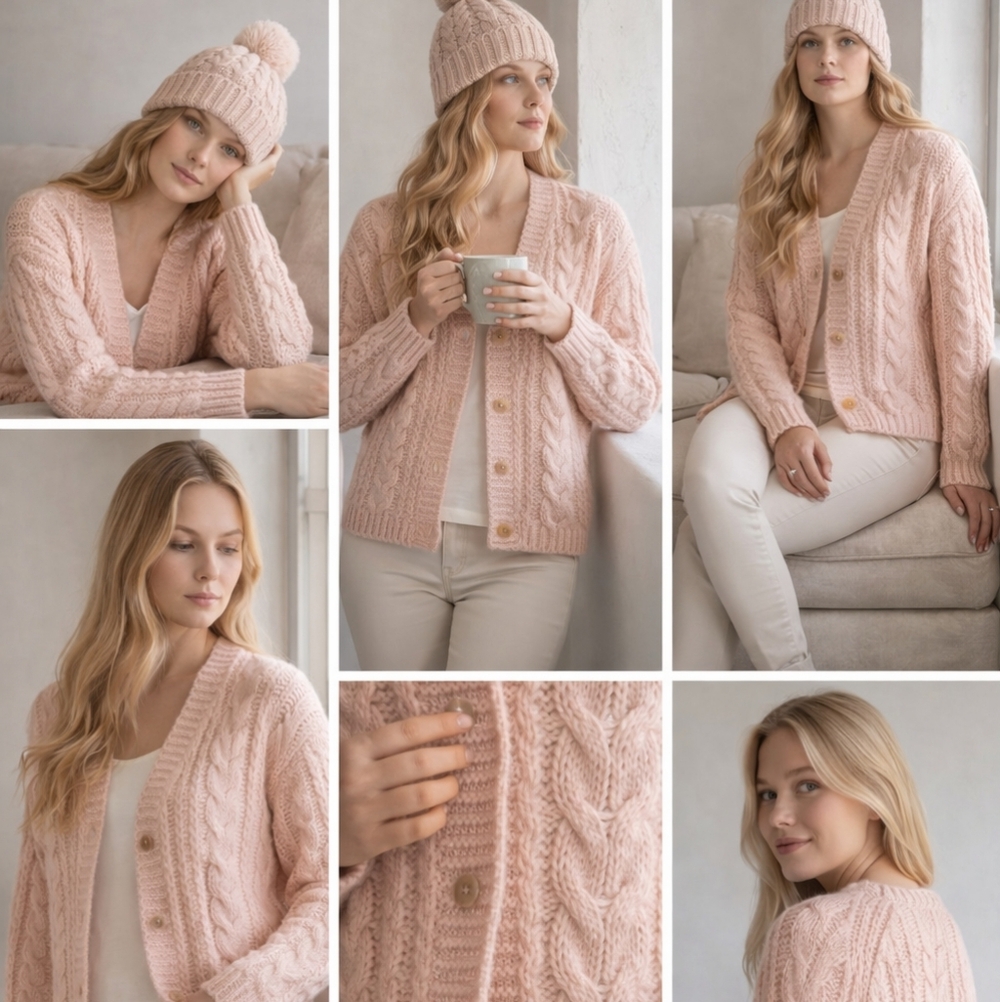 Vintage Italian Hand-Knit Mohair Wool Cable Knit Cardigan Sweater Small  F279 - Picture 7 of 9
